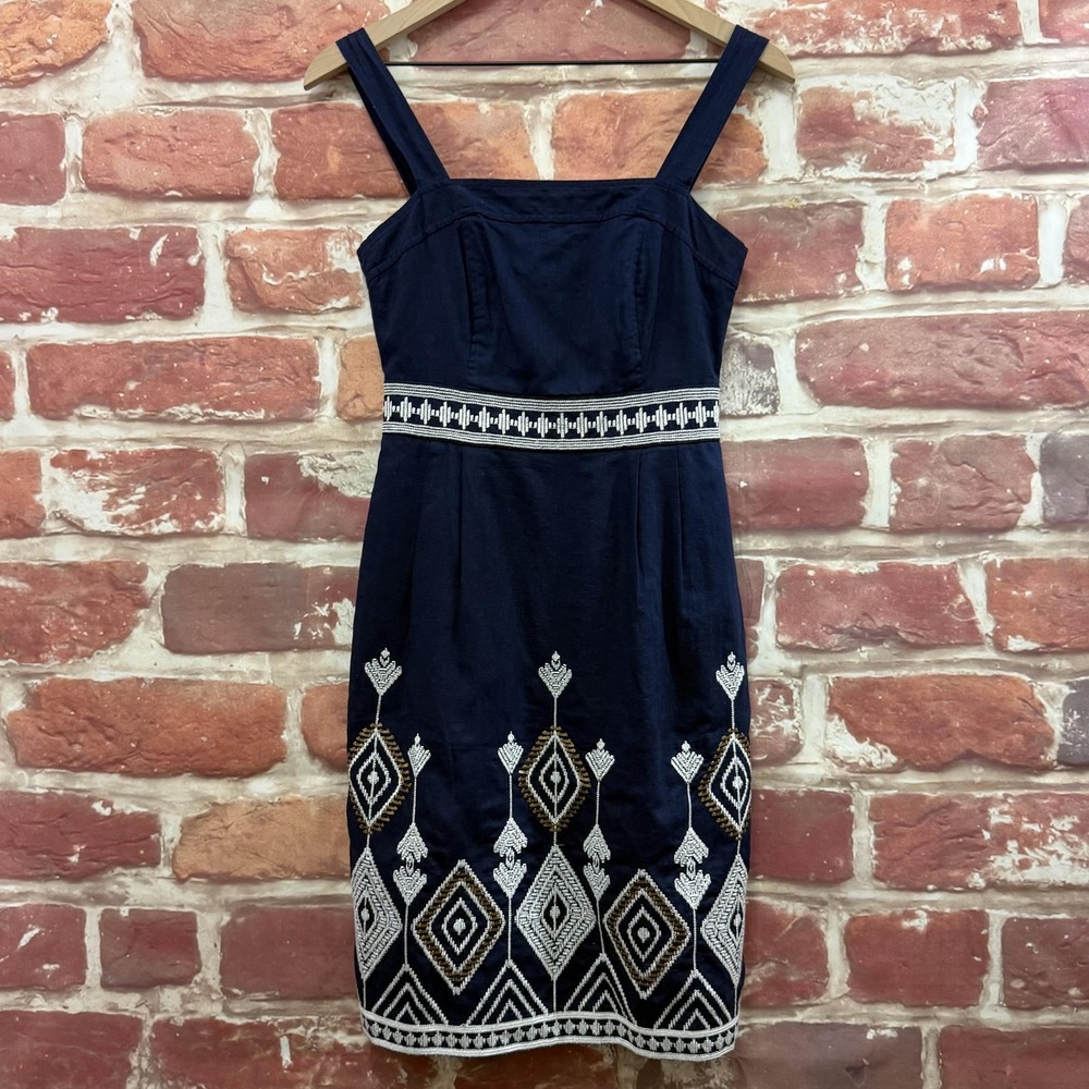 Banana Republic Dress Women's 0 Blue Boho Embroidered Linen Blend Sundress